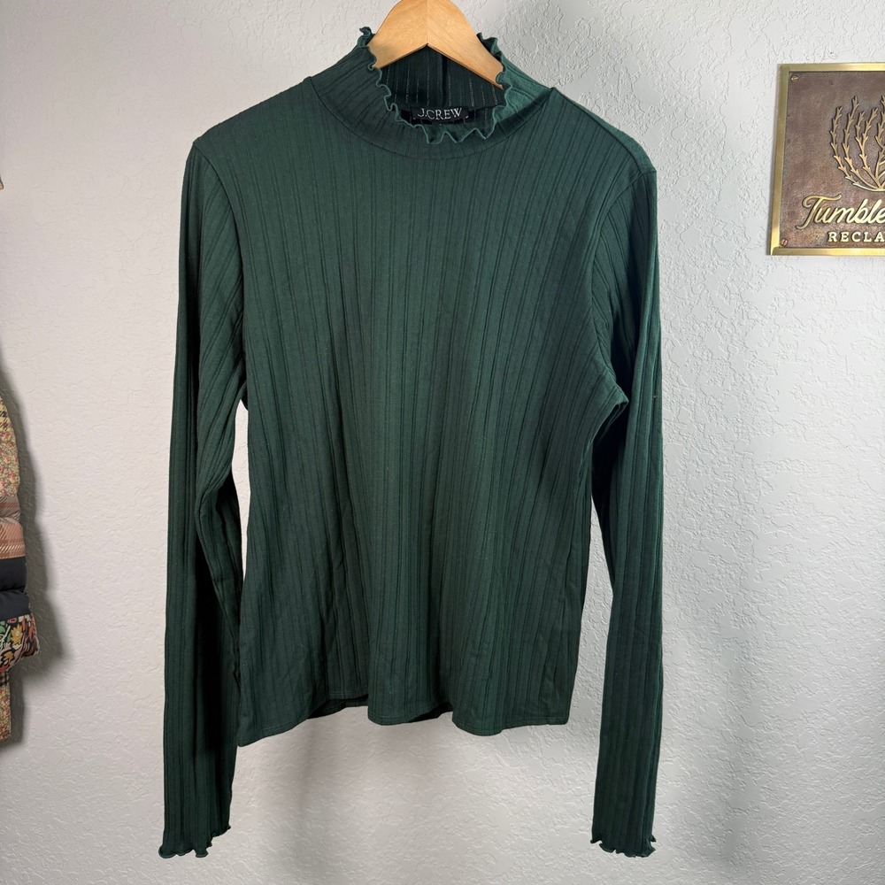 J.Crew Womens Forest Green Ribbed Mock Neck Lettuce Edge Long Sleeve Top Size L - Picture 3 of 9